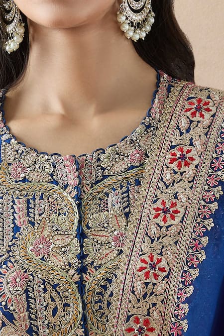 Anamika Khanna Blue Cotton Zari, Embroidery Round Neck Floral Kurta Set at Aza Fashions Anamika Khanna_Blue Cotton Zari, Embroidery Round Neck Floral Kurta Set_at_Aza_Fashions