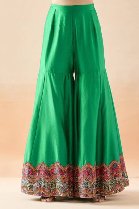 Debyani + CO Green Silk, Organza Embroidery, Mirrors Round Neck Mughal Kurta Sharara Set Online at Aza Fashions Debyani + CO_Green Silk, Organza Embroidery, Mirrors Round Neck Mughal Kurta Sharara Set _Online_at_Aza_Fashions