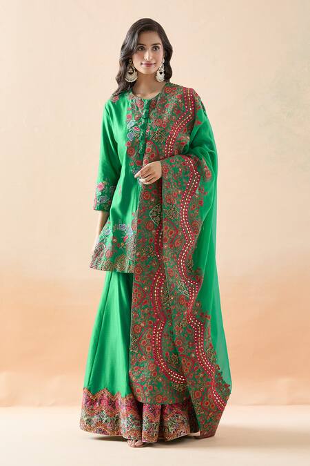 Buy Debyani + CO Green Silk, Organza Embroidery, Mirrors Round Neck Mughal Kurta Sharara Set Online at Aza Fashions Buy_Debyani + CO_Green Silk, Organza Embroidery, Mirrors Round Neck Mughal Kurta Sharara Set _Online_at_Aza_Fashions