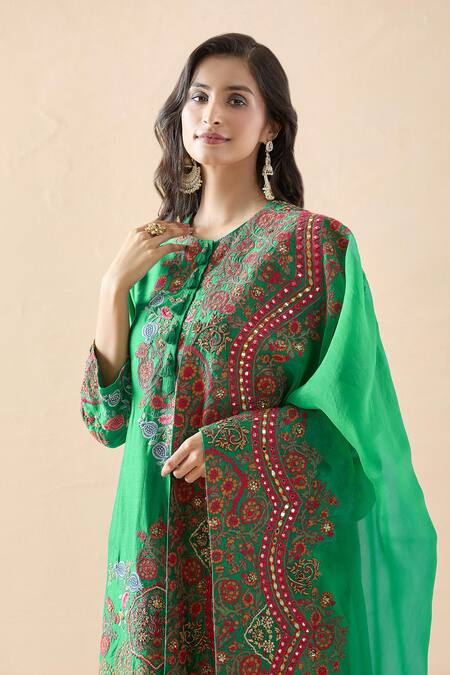 Shop Debyani + CO Green Silk, Organza Embroidery, Mirrors Round Neck Mughal Kurta Sharara Set Online at Aza Fashions Shop_Debyani + CO_Green Silk, Organza Embroidery, Mirrors Round Neck Mughal Kurta Sharara Set _Online_at_Aza_Fashions