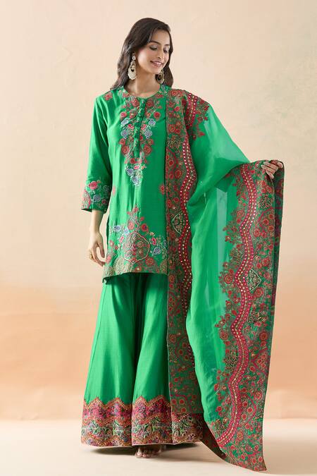 Debyani + CO Green Silk, Organza Embroidery, Mirrors Round Neck Mughal Kurta Sharara Set at Aza Fashions Debyani + CO_Green Silk, Organza Embroidery, Mirrors Round Neck Mughal Kurta Sharara Set _at_Aza_Fashions