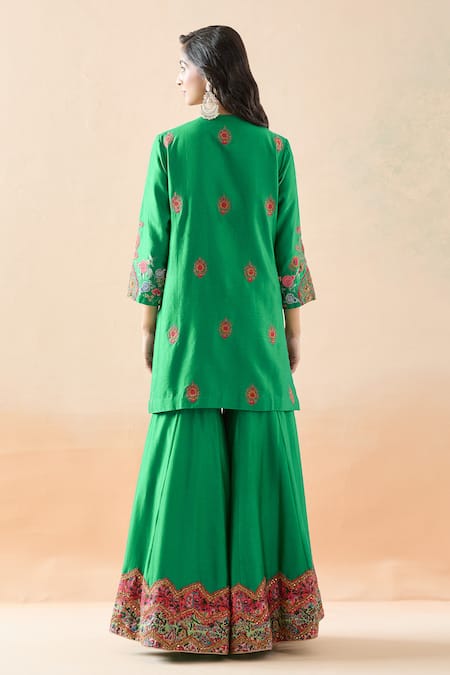Shop Debyani + CO Green Silk, Organza Embroidery, Mirrors Round Neck Mughal Kurta Sharara Set at Aza Fashions Shop_Debyani + CO_Green Silk, Organza Embroidery, Mirrors Round Neck Mughal Kurta Sharara Set _at_Aza_Fashions