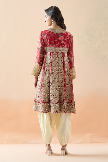 Shop Debyani + CO Red Organza, Silk Embroidery Round Neck Floral Anarkali And Dhoti Pant Set at Aza Fashions Shop_Debyani + CO_Red Organza, Silk Embroidery Round Neck Floral Anarkali And Dhoti Pant Set _at_Aza_Fashions