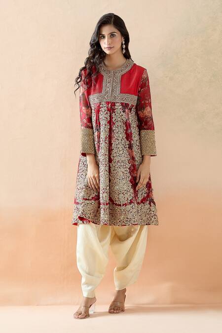 Debyani + CO Red Organza, Silk Embroidery Round Neck Floral Anarkali And Dhoti Pant Set Online at Aza Fashions Debyani + CO_Red Organza, Silk Embroidery Round Neck Floral Anarkali And Dhoti Pant Set _Online_at_Aza_Fashions