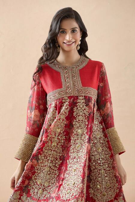 Shop Debyani + CO Red Organza, Silk Embroidery Round Neck Floral Anarkali And Dhoti Pant Set Online at Aza Fashions Shop_Debyani + CO_Red Organza, Silk Embroidery Round Neck Floral Anarkali And Dhoti Pant Set _Online_at_Aza_Fashions