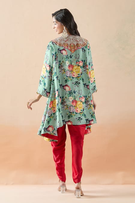 Shop Debyani + CO Blue Silk Embroidery, Beads Open Neck Floral Print Kimono Tunic And Salwar Set at Aza Fashions Shop_Debyani + CO_Blue Silk Embroidery, Beads Open Neck Floral Print Kimono Tunic And Salwar Set _at_Aza_Fashions