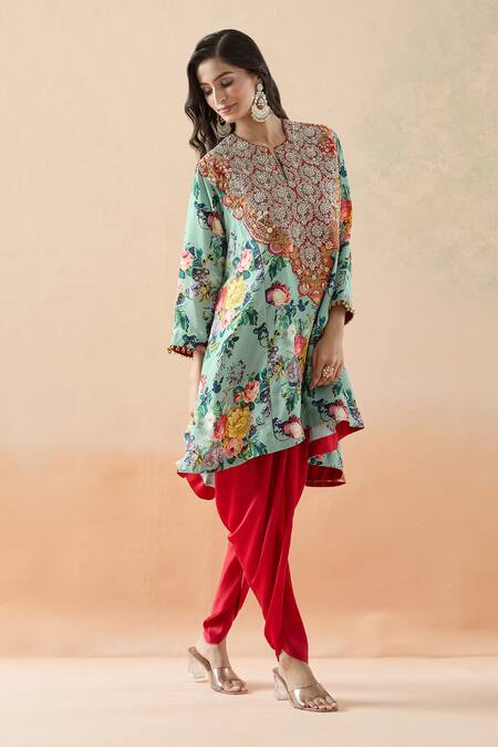 Debyani + CO Blue Silk Embroidery, Beads Open Neck Floral Print Kimono Tunic And Salwar Set Online at Aza Fashions Debyani + CO_Blue Silk Embroidery, Beads Open Neck Floral Print Kimono Tunic And Salwar Set _Online_at_Aza_Fashions