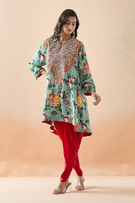 Buy Debyani + CO Blue Silk Embroidery, Beads Open Neck Floral Print Kimono Tunic And Salwar Set Online at Aza Fashions Buy_Debyani + CO_Blue Silk Embroidery, Beads Open Neck Floral Print Kimono Tunic And Salwar Set _Online_at_Aza_Fashions