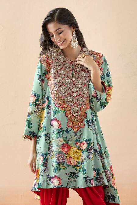 Shop Debyani + CO Blue Silk Embroidery, Beads Open Neck Floral Print Kimono Tunic And Salwar Set Online at Aza Fashions Shop_Debyani + CO_Blue Silk Embroidery, Beads Open Neck Floral Print Kimono Tunic And Salwar Set _Online_at_Aza_Fashions