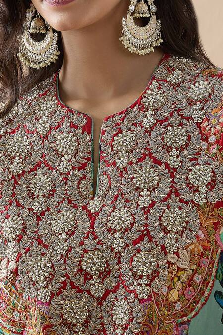 Debyani + CO Blue Silk Embroidery, Beads Open Neck Floral Print Kimono Tunic And Salwar Set at Aza Fashions Debyani + CO_Blue Silk Embroidery, Beads Open Neck Floral Print Kimono Tunic And Salwar Set _at_Aza_Fashions