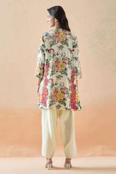 Shop Debyani + CO Ivory Silk Embroidery Split V-neck Botanical Print Short Kurta And Dhoti Pant Set at Aza Fashions Shop_Debyani + CO_Ivory Silk Embroidery Split V-neck Botanical Print Short Kurta And Dhoti Pant Set _at_Aza_Fashions