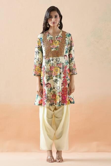 Debyani + CO Ivory Silk Embroidery Split V-neck Botanical Print Short Kurta And Dhoti Pant Set Online at Aza Fashions Debyani + CO_Ivory Silk Embroidery Split V-neck Botanical Print Short Kurta And Dhoti Pant Set _Online_at_Aza_Fashions