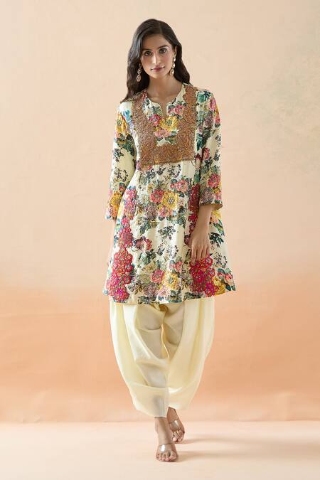 Shop Debyani + CO Ivory Silk Embroidery Split V-neck Botanical Print Short Kurta And Dhoti Pant Set Online at Aza Fashions Shop_Debyani + CO_Ivory Silk Embroidery Split V-neck Botanical Print Short Kurta And Dhoti Pant Set _Online_at_Aza_Fashions