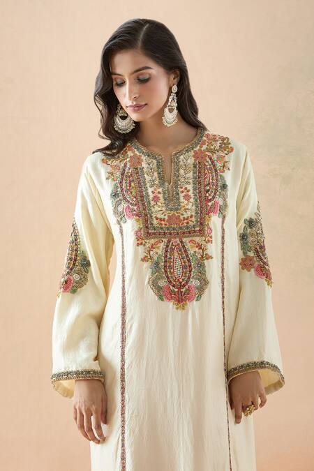 Debyani + CO Ivory Silk Cut Work, Embroidery Split V-neck Floral Kurta And Dhoti Pant Set Online at Aza Fashions Debyani + CO_Ivory Silk Cut Work, Embroidery Split V-neck Floral Kurta And Dhoti Pant Set _Online_at_Aza_Fashions