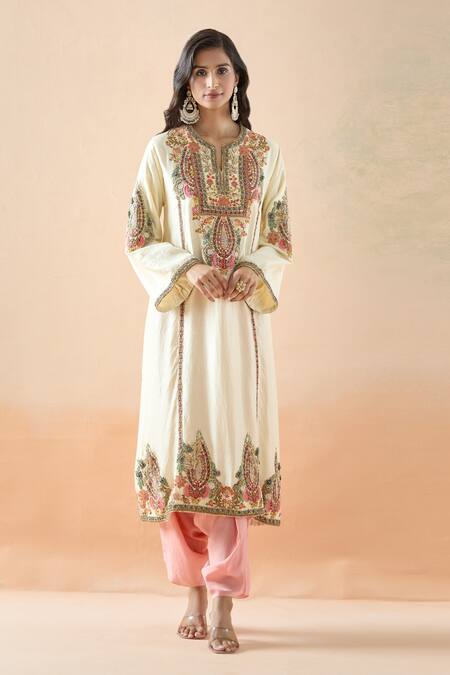 Shop Debyani + CO Ivory Silk Cut Work, Embroidery Split V-neck Floral Kurta And Dhoti Pant Set Online at Aza Fashions Shop_Debyani + CO_Ivory Silk Cut Work, Embroidery Split V-neck Floral Kurta And Dhoti Pant Set _Online_at_Aza_Fashions