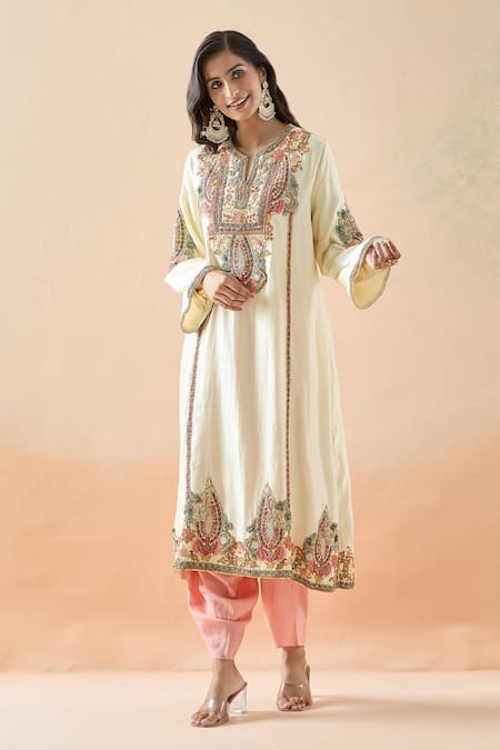 Debyani + CO Ivory Silk Cut Work, Embroidery Split V-neck Floral Kurta And Dhoti Pant Set at Aza Fashions Debyani + CO_Ivory Silk Cut Work, Embroidery Split V-neck Floral Kurta And Dhoti Pant Set _at_Aza_Fashions
