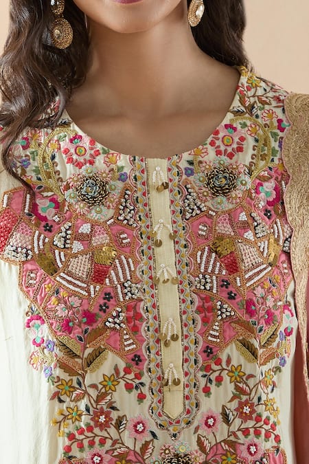 Debyani + CO Ivory Cotton Embroidery, Zari, Sequins Round Neck Floral Kurta Dhoti Pant Set Online at Aza Fashions Debyani + CO_Ivory Cotton Embroidery, Zari, Sequins Round Neck Floral Kurta Dhoti Pant Set _Online_at_Aza_Fashions