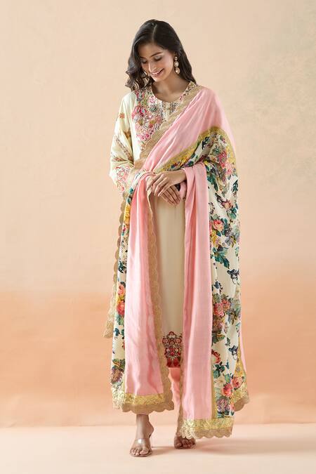 Buy Debyani + CO Ivory Cotton Embroidery, Zari, Sequins Round Neck Floral Kurta Dhoti Pant Set Online at Aza Fashions Buy_Debyani + CO_Ivory Cotton Embroidery, Zari, Sequins Round Neck Floral Kurta Dhoti Pant Set _Online_at_Aza_Fashions