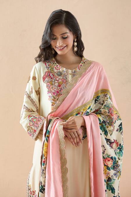 Shop Debyani + CO Ivory Cotton Embroidery, Zari, Sequins Round Neck Floral Kurta Dhoti Pant Set Online at Aza Fashions Shop_Debyani + CO_Ivory Cotton Embroidery, Zari, Sequins Round Neck Floral Kurta Dhoti Pant Set _Online_at_Aza_Fashions