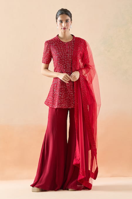 Mishru Red Embroidery Thread Round Geometric Peplum Kurta Set 