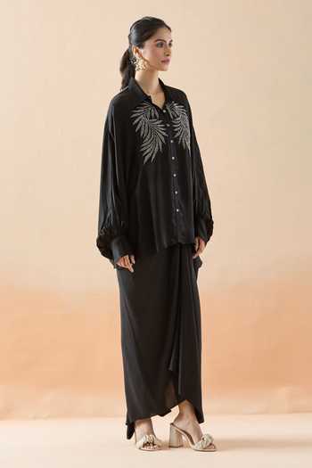Namrata Joshipura_Black Pearls Collared Metallic Embellished Shirt_Online_at_Aza_Fashions