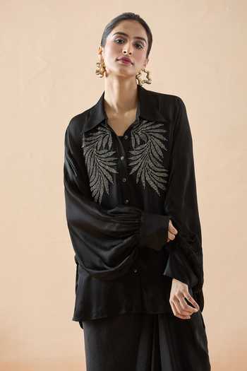 Shop_Namrata Joshipura_Black Pearls Collared Metallic Embellished Shirt_Online_at_Aza_Fashions