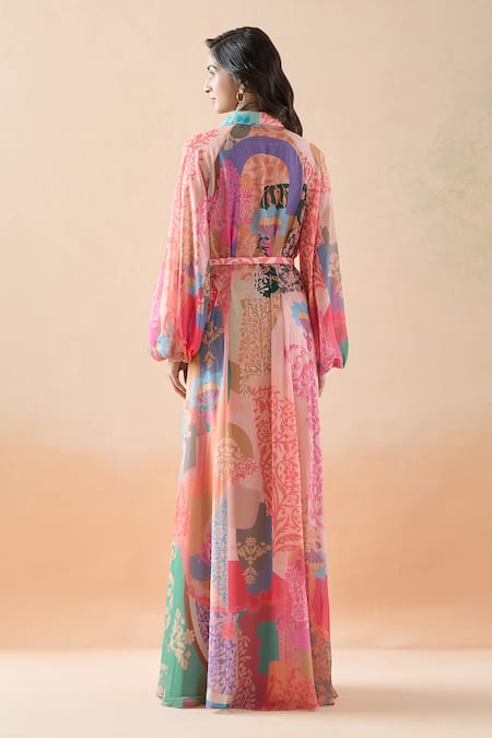 Shop_Pankaj & Nidhi_Multi Color Chiffon Embroidery Collared Ornament Floral Print Dress _at_Aza_Fashions