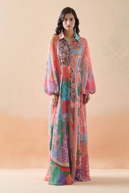 Pankaj & Nidhi_Multi Color Chiffon Embroidery Collared Ornament Floral Print Dress _Online_at_Aza_Fashions