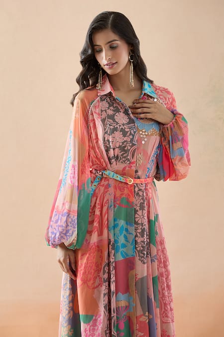 Buy_Pankaj & Nidhi_Multi Color Chiffon Embroidery Collared Ornament Floral Print Dress _Online_at_Aza_Fashions