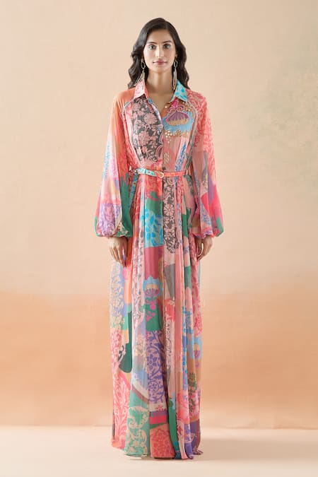 Shop_Pankaj & Nidhi_Multi Color Chiffon Embroidery Collared Ornament Floral Print Dress _Online_at_Aza_Fashions