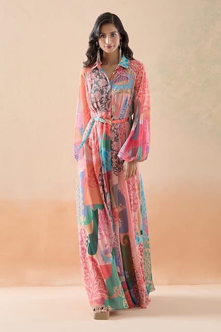 Pankaj & Nidhi_Multi Color Chiffon Embroidery Collared Ornament Floral Print Dress _at_Aza_Fashions