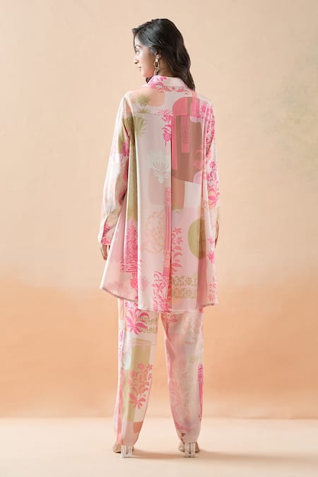 Shop Pankaj & Nidhi Pink Silk Embroidery Collared Garden Print Shirt Tunic And Pant Set at Aza Fashions Shop_Pankaj & Nidhi_Pink Silk Embroidery Collared Garden Print Shirt Tunic And Pant Set _at_Aza_Fashions