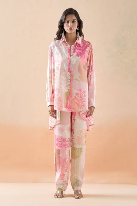 Pankaj & Nidhi Pink Silk Embroidery Collared Garden Print Shirt Tunic And Pant Set Online at Aza Fashions Pankaj & Nidhi_Pink Silk Embroidery Collared Garden Print Shirt Tunic And Pant Set _Online_at_Aza_Fashions