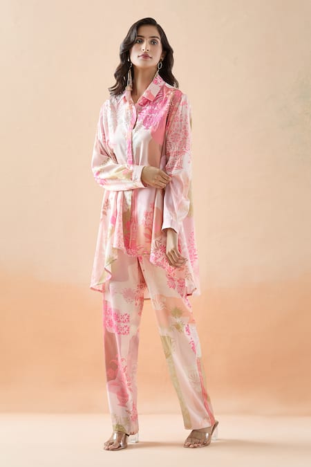 Buy Pankaj & Nidhi Pink Silk Embroidery Collared Garden Print Shirt Tunic And Pant Set Online at Aza Fashions Buy_Pankaj & Nidhi_Pink Silk Embroidery Collared Garden Print Shirt Tunic And Pant Set _Online_at_Aza_Fashions