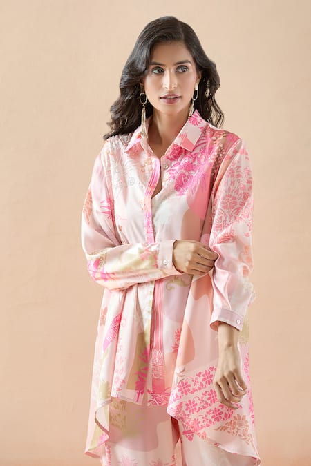 Shop Pankaj & Nidhi Pink Silk Embroidery Collared Garden Print Shirt Tunic And Pant Set Online at Aza Fashions Shop_Pankaj & Nidhi_Pink Silk Embroidery Collared Garden Print Shirt Tunic And Pant Set _Online_at_Aza_Fashions
