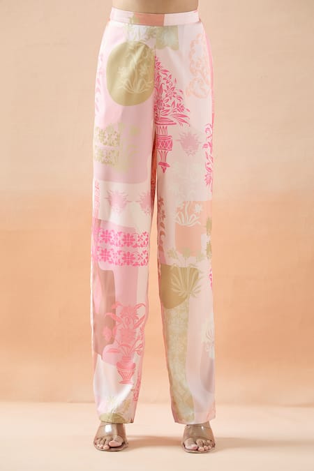 Pankaj & Nidhi Pink Silk Embroidery Collared Garden Print Shirt Tunic And Pant Set at Aza Fashions Pankaj & Nidhi_Pink Silk Embroidery Collared Garden Print Shirt Tunic And Pant Set _at_Aza_Fashions