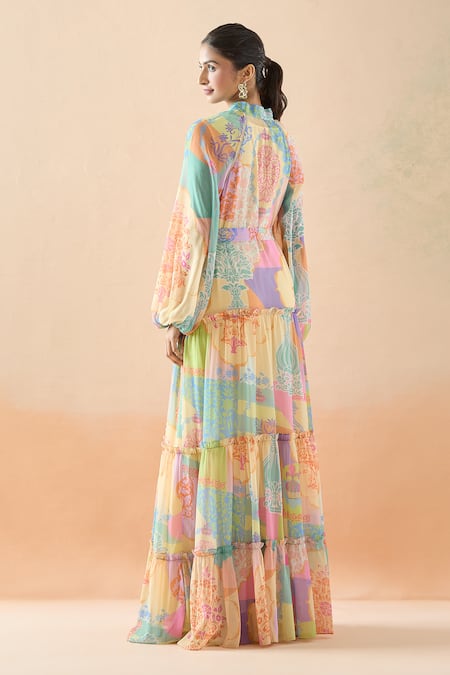 Shop Pankaj & Nidhi Multi Color Embroidery Collared Floral Print Tiered Dress at Aza Fashions Shop_Pankaj & Nidhi_Multi Color Embroidery Collared Floral Print Tiered Dress _at_Aza_Fashions