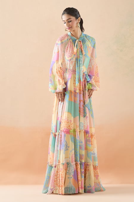 Pankaj & Nidhi Multi Color Embroidery Collared Floral Print Tiered Dress Online at Aza Fashions Pankaj & Nidhi_Multi Color Embroidery Collared Floral Print Tiered Dress _Online_at_Aza_Fashions