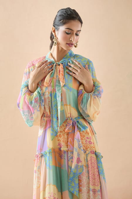 Shop Pankaj & Nidhi Multi Color Embroidery Collared Floral Print Tiered Dress Online at Aza Fashions Shop_Pankaj & Nidhi_Multi Color Embroidery Collared Floral Print Tiered Dress _Online_at_Aza_Fashions