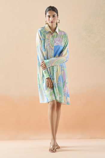 Pankaj & Nidhi_Multi Color Beads, Sequins Collared Abstract Floral Print Dress _Online_at_Aza_Fashions