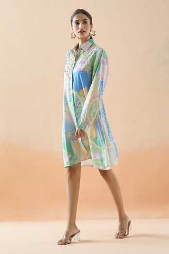 Buy_Pankaj & Nidhi_Multi Color Beads, Sequins Collared Abstract Floral Print Dress _Online_at_Aza_Fashions