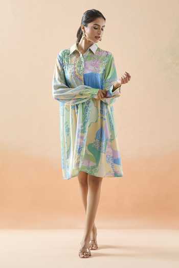 Shop_Pankaj & Nidhi_Multi Color Beads, Sequins Collared Abstract Floral Print Dress _Online_at_Aza_Fashions