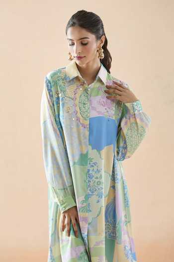 Pankaj & Nidhi_Multi Color Beads, Sequins Collared Abstract Floral Print Dress _at_Aza_Fashions