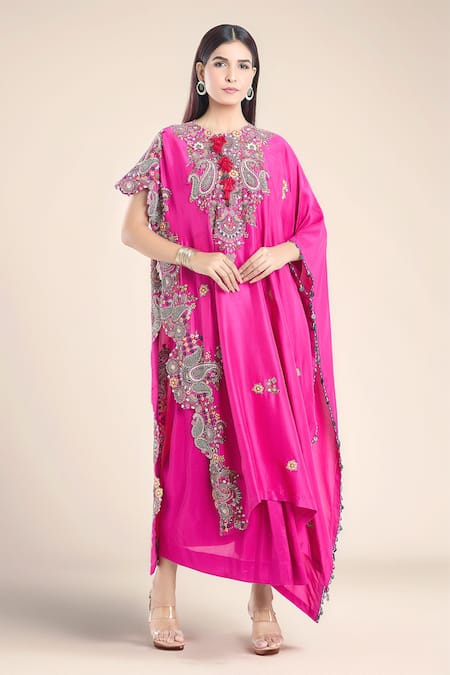 Anamika Khanna Fuchsia Silk Embroidered Paisley Round Kaftan And Draped Skirt Set 