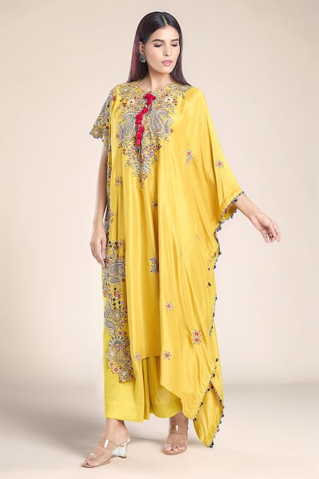 Anamika Khanna Yellow Silk Embroidered Paisley Round Kaftan With Draped Skirt 