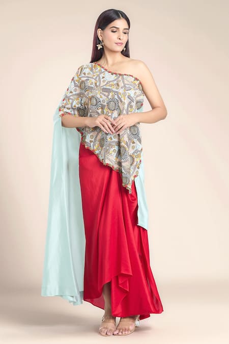 Anamika Khanna Blue Embellished Beads One Shoulder Tunic And Skirt Set 