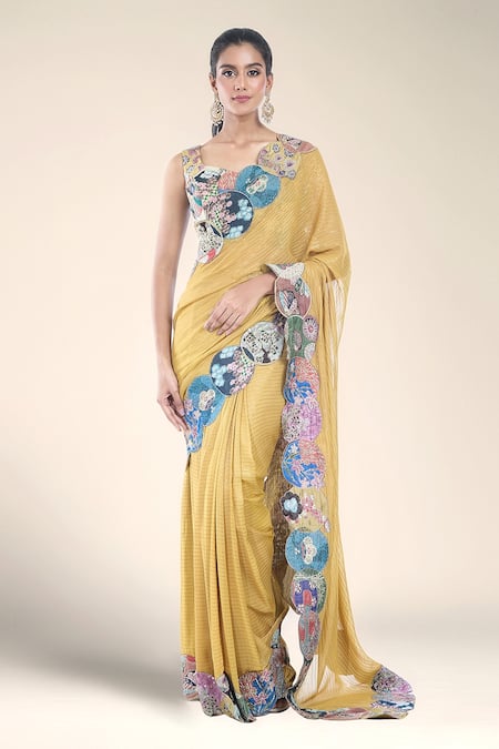 Aisha Rao Yellow Dobby Patch Embroidered Trencadis Serra Pre-draped Saree With Blouse 