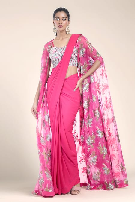 Bhumika Sharma Sylvia Floral Print Cape & Pre-Draped Saree Set 