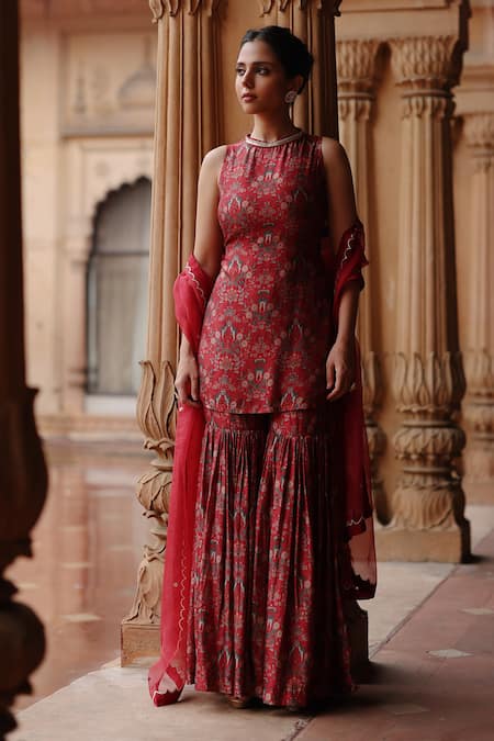 Megha Pitti Red Dupion Silk Printed Floral Round High Neck Kurta Sharara Set 