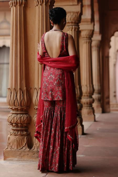 Shop_Megha Pitti_Red Dupion Silk Printed Floral Round High Neck Kurta Sharara Set _at_Aza_Fashions